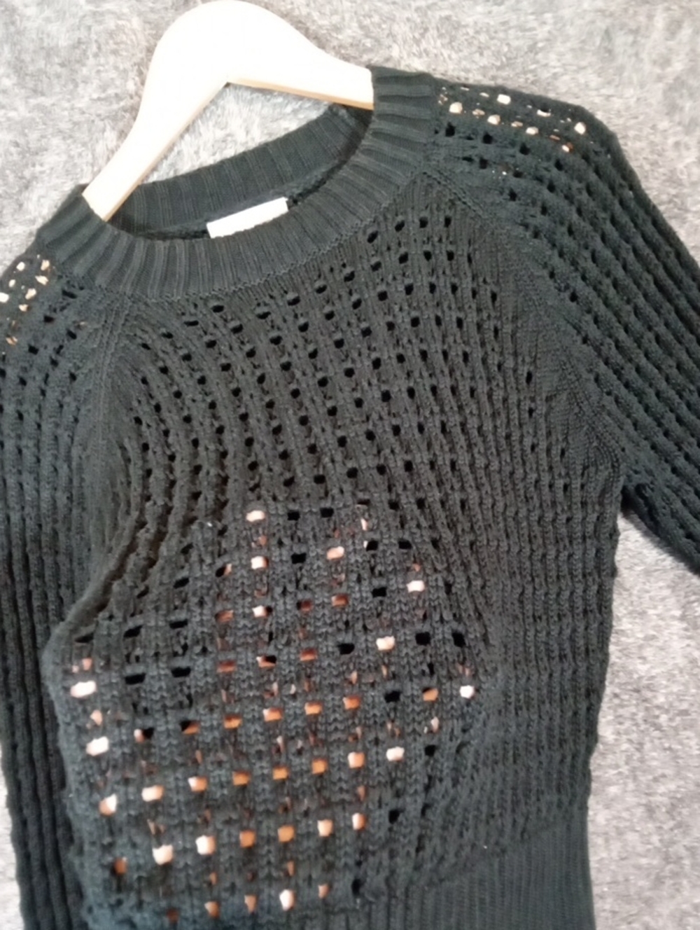 J Crew Pointelle Crewneck Sweater Black Knit Pull Over Boho Fall Womens M - Picture 5 of 8